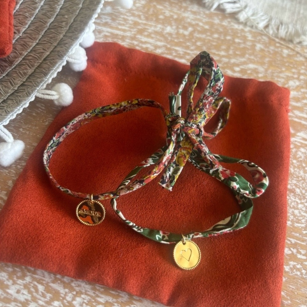 Sezane Floral Fabric Bracelets with Gold Charms
